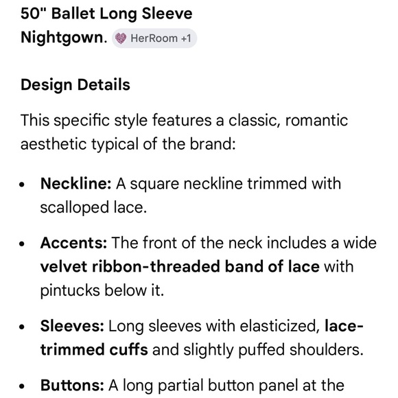 Eileen West Ballet Night Gown Long Sleeve 100% Cotton, Lace with velvet ribbon - Picture 15 of 15